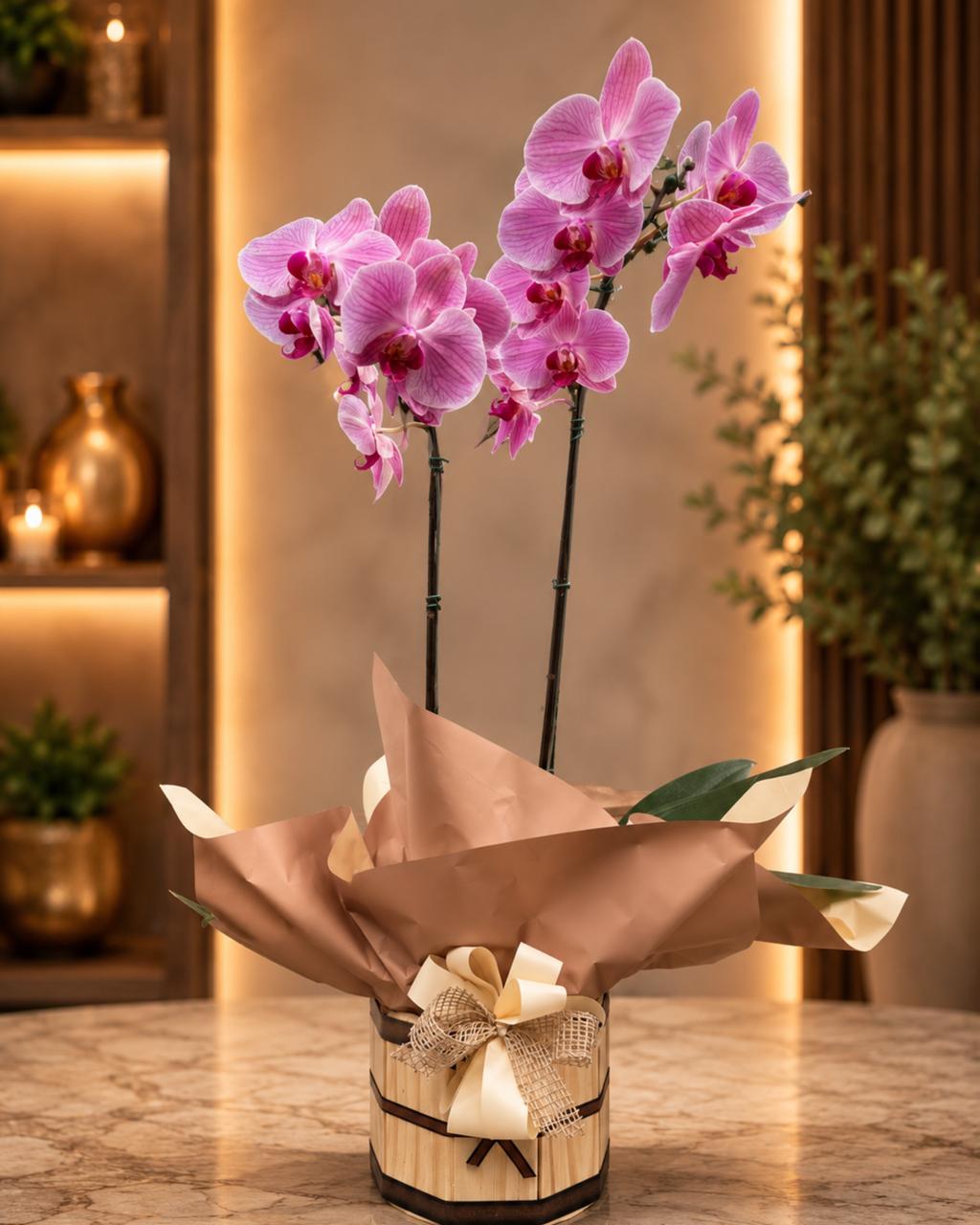 ORQUÍDEA NO CACHEPOT DE MADEIRA